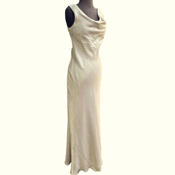 Vtg Gold Shimmer Iridescent Fairy Cowl Neck Metallic Mobwife Maxi Slip Dress M - Picture 1 of 8